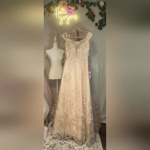 NWT Size 12 Morrell Maxie Champagne Blush Embroidered Embellished Lace Gown